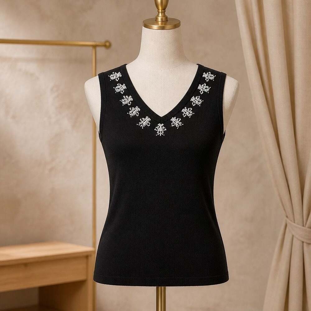 e-col-o-gie Black Beaded V-Neck Tank Top Size M #478